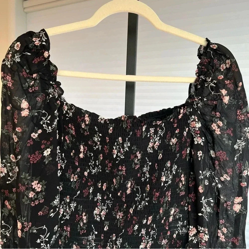 Reformation Pinto Floral Smocked Long Sleeve Blouse Black Small Contemporary